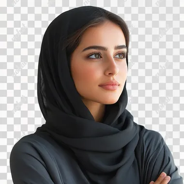 young saudi woman showing from her waist up looking sideways isolated on white background --s 250