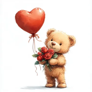 A playful teddy bear holding a rose bouquet with a heart-shaped balloon tied to it on a white background.