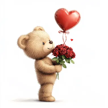 A playful teddy bear holding a rose bouquet with a heart-shaped balloon tied to it on a white background.