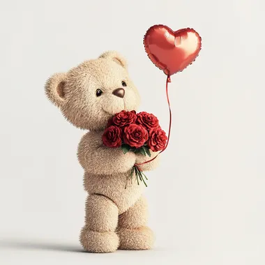 A playful teddy bear holding a rose bouquet with a heart-shaped balloon tied to it on a white background.