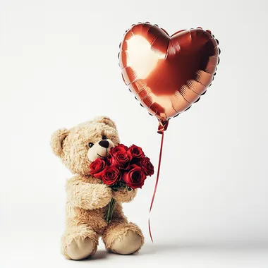 A playful teddy bear holding a rose bouquet with a heart-shaped balloon tied to it on a white background.
