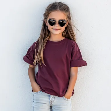 adorable 9 year old girl, wearing an oversized maroon color comfort colors T-shirt, the t-shirt has cuffed sleeves, high waisted light denim jeans, facing forward full view of tshirt, she is also wearing black heart shaped sunglasses outside in natural lighting front of a white wall in summer, trendy, posing, smiling --raw