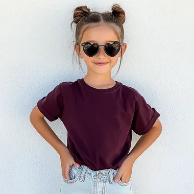 adorable 9 year old girl, wearing an oversized maroon color comfort colors T-shirt, the t-shirt has cuffed sleeves, high waisted light denim jeans, facing forward full view of tshirt, she is also wearing black heart shaped sunglasses outside in natural lighting front of a white wall in summer, trendy, posing, smiling --raw