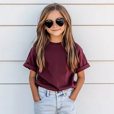 adorable 9 year old girl, wearing an oversized maroon color comfort colors T-shirt, the t-shirt has cuffed sleeves, high waisted light denim jeans, facing forward full view of tshirt, she is also wearing black heart shaped sunglasses outside in natural lighting front of a white wall in summer, trendy, posing, smiling --raw