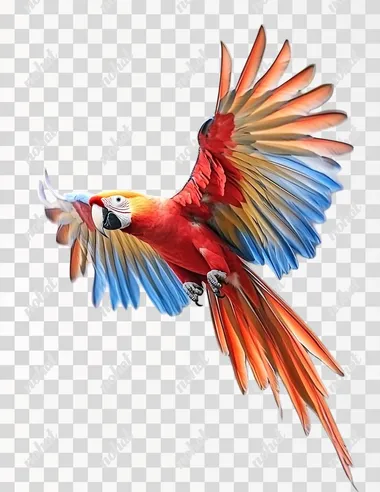 A red parrot with blue wings is flying on the branch, in the style of watercolor, vector illustration, white background, high-quality details, sharp focus, high resolution, high definition, professional photography, hyper-realistic, studio lighting, natural look.