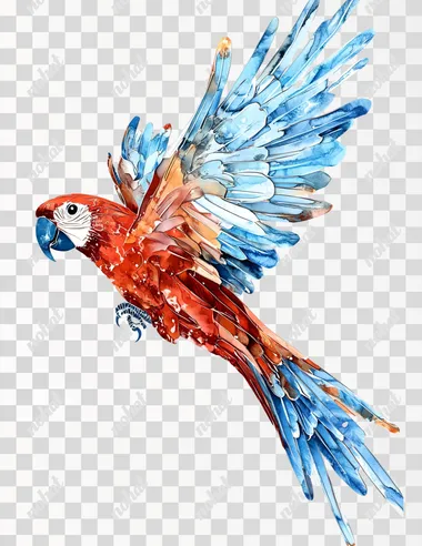 A red parrot with blue wings is flying on the branch, in the style of watercolor, vector illustration, white background, high-quality details, sharp focus, high resolution, high definition, professional photography, hyper-realistic, studio lighting, natural look.