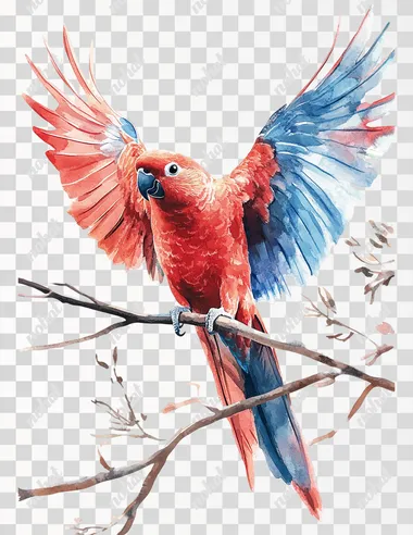 A red parrot with blue wings is flying on the branch, in the style of watercolor, vector illustration, white background, high-quality details, sharp focus, high resolution, high definition, professional photography, hyper-realistic, studio lighting, natural look.