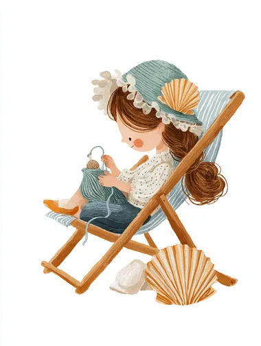 a very cute Little girl sitting in a Beach chair and is knitting a shell, aesthetic kidsbook style, handdrawn, not Perfect, visible penstrokes, the Character is really cute, simple and Flat, whimsical and aesthetic gouache painting, scribble, modern kidsbook style, simple and Flat, white background   --raw