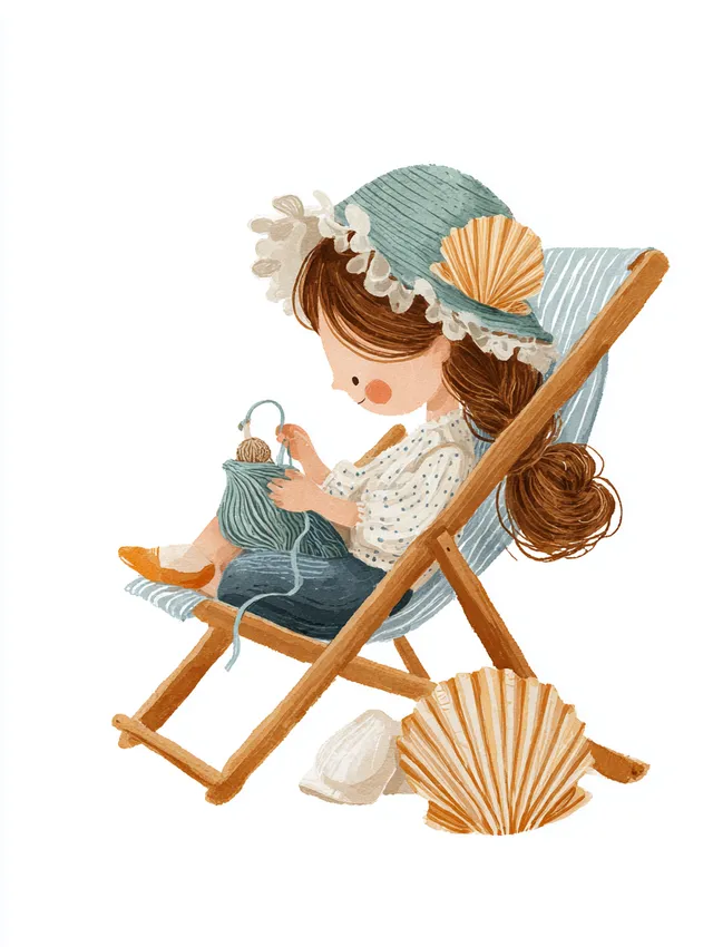 Cute Little Girl Knitting by the Beach