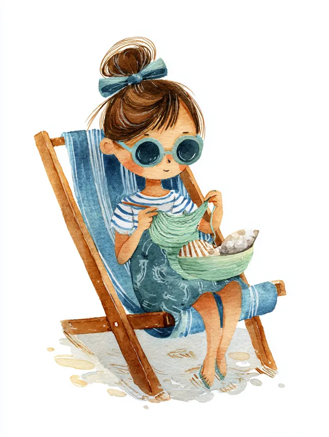 Whimsical Girl Knitting on the Beach