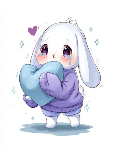 a super cute ultra chubby and round chibi bunny, extra large head, soft white fur, big sparkly black eyes with tears, hugging a blue heart pillow tightly, one foot raised, ears drooping, hiding behind the pillow, oversized morandi lavender sweater with loose sleeves, shy and flustered expression, blush cheeks, sweat drop, soft motion lines and sparkles, kawaii chibi style, soft muted pastel tones, clean white background, high saturation details  rofile ycisw45