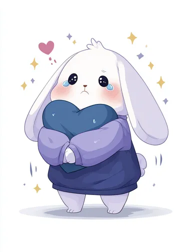a super cute ultra chubby and round chibi bunny, extra large head, soft white fur, big sparkly black eyes with tears, hugging a blue heart pillow tightly, one foot raised, ears drooping, hiding behind the pillow, oversized morandi lavender sweater with loose sleeves, shy and flustered expression, blush cheeks, sweat drop, soft motion lines and sparkles, kawaii chibi style, soft muted pastel tones, clean white background, high saturation details  rofile ycisw45