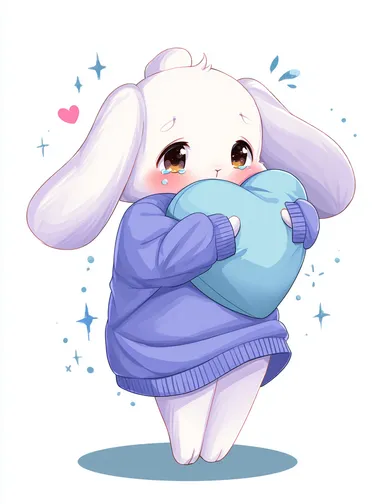 a super cute ultra chubby and round chibi bunny, extra large head, soft white fur, big sparkly black eyes with tears, hugging a blue heart pillow tightly, one foot raised, ears drooping, hiding behind the pillow, oversized morandi lavender sweater with loose sleeves, shy and flustered expression, blush cheeks, sweat drop, soft motion lines and sparkles, kawaii chibi style, soft muted pastel tones, clean white background, high saturation details  rofile ycisw45