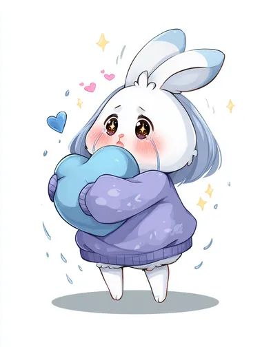 a super cute ultra chubby and round chibi bunny, extra large head, soft white fur, big sparkly black eyes with tears, hugging a blue heart pillow tightly, one foot raised, ears drooping, hiding behind the pillow, oversized morandi lavender sweater with loose sleeves, shy and flustered expression, blush cheeks, sweat drop, soft motion lines and sparkles, kawaii chibi style, soft muted pastel tones, clean white background, high saturation details  rofile ycisw45