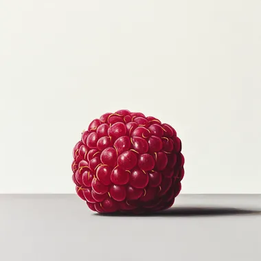 one raspberry, front view, white background