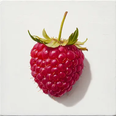 one raspberry, front view, white background
