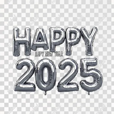 The letter "HAPPY NEW YEAR 2025" made out of Material of the inflated Plasticinel,The letter forms are Graffity typography, glay background, color of silver,in the style of Jeff Koons, ultra realistic