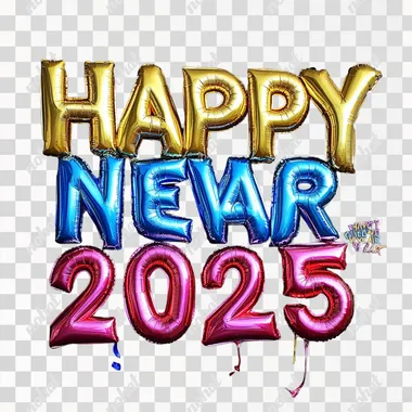 The letter "HAPPY NEW YEAR 2025" made out of Material of the inflated Plasticinel,The letter forms are Graffity typography, glay background, color of silver,in the style of Jeff Koons, ultra realistic