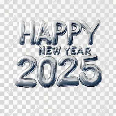 The letter "HAPPY NEW YEAR 2025" made out of Material of the inflated Plasticinel,The letter forms are Graffity typography, glay background, color of silver,in the style of Jeff Koons, ultra realistic