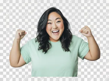 A beautiful woman in her thirties clenching her fists with joy and celebrating, wearing a mint green t-shirt against a white background. This is a portrait photograph, captured with a Canon EOS R5 camera and professionally color-graded.  --s 50