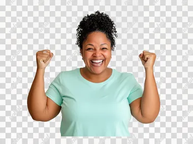 A beautiful woman in her thirties clenching her fists with joy and celebrating, wearing a mint green t-shirt against a white background. This is a portrait photograph, captured with a Canon EOS R5 camera and professionally color-graded.  --s 50