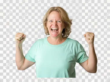 A beautiful woman in her thirties clenching her fists with joy and celebrating, wearing a mint green t-shirt against a white background. This is a portrait photograph, captured with a Canon EOS R5 camera and professionally color-graded.  --s 50