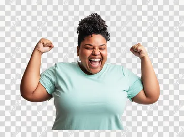 A beautiful woman in her thirties clenching her fists with joy and celebrating, wearing a mint green t-shirt against a white background. This is a portrait photograph, captured with a Canon EOS R5 camera and professionally color-graded.  --s 50