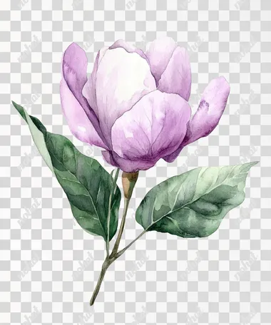 A single, Watercolor Lilac flower with leaves, isolated on white background. Botanical. sharp. shine. clean edge and figures.