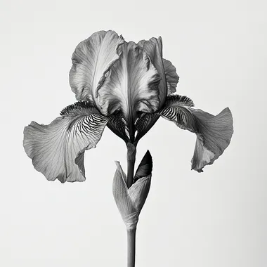 a black and Grey photo of an iris flower, high contrast, high resolution, White background