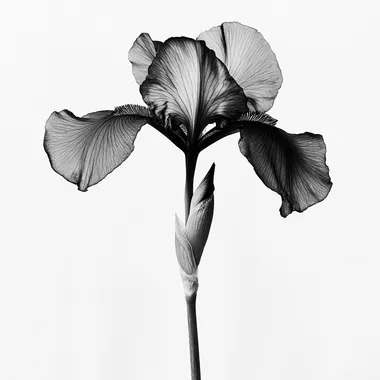 a black and Grey photo of an iris flower, high contrast, high resolution, White background