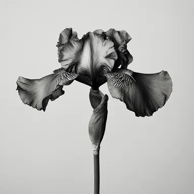 a black and Grey photo of an iris flower, high contrast, high resolution, White background