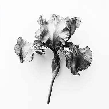 a black and Grey photo of an iris flower, high contrast, high resolution, White background