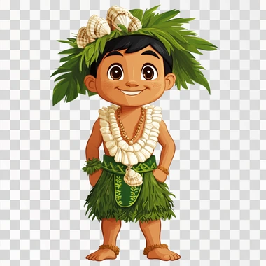 a cartoon image of a CHamoru boy wearing traditional chamorro outfit of a green loincloth (gupot) and a short white large shell necklace (salg?guan) and traditional hats (kareta). whole body image