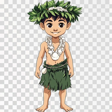 a cartoon image of a CHamoru boy wearing traditional chamorro outfit of a green loincloth (gupot) and a short white large shell necklace (salg?guan) and traditional hats (kareta). whole body image
