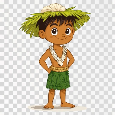 a cartoon image of a CHamoru boy wearing traditional chamorro outfit of a green loincloth (gupot) and a short white large shell necklace (salg?guan) and traditional hats (kareta). whole body image