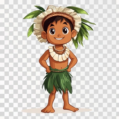 a cartoon image of a CHamoru boy wearing traditional chamorro outfit of a green loincloth (gupot) and a short white large shell necklace (salg?guan) and traditional hats (kareta). whole body image