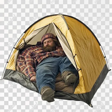 hobo sleeping in tent, white background
