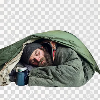 hobo sleeping in tent, white background