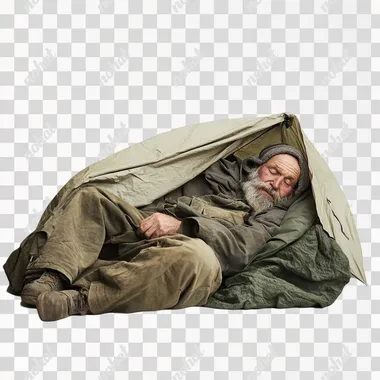 hobo sleeping in tent, white background