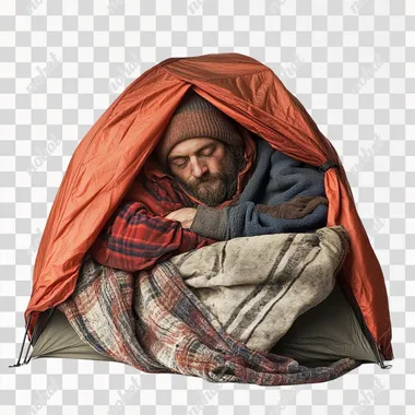 hobo sleeping in tent, white background