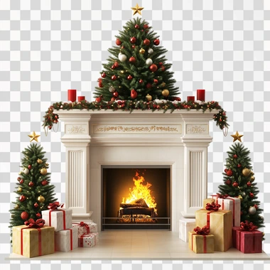 Christmas Fireplace, christmas tree and gifts around, front, isolated