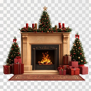 Christmas Fireplace, christmas tree and gifts around, front, isolated