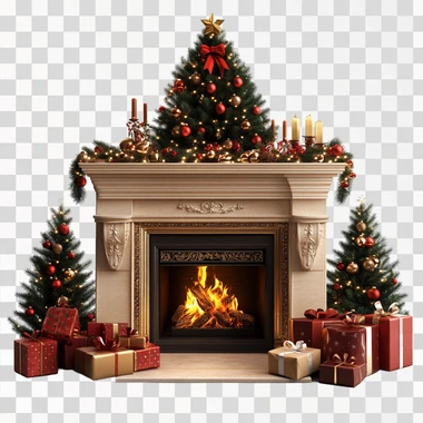 Christmas Fireplace, christmas tree and gifts around, front, isolated