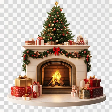 Christmas Fireplace, christmas tree and gifts around, front, isolated