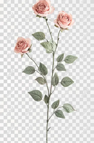 Watercolor soft pink roses with green leaves and stem, detailed, vintage colors, on white background, in the style of clipart.