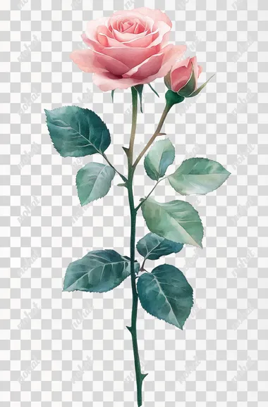 Watercolor soft pink roses with green leaves and stem, detailed, vintage colors, on white background, in the style of clipart.