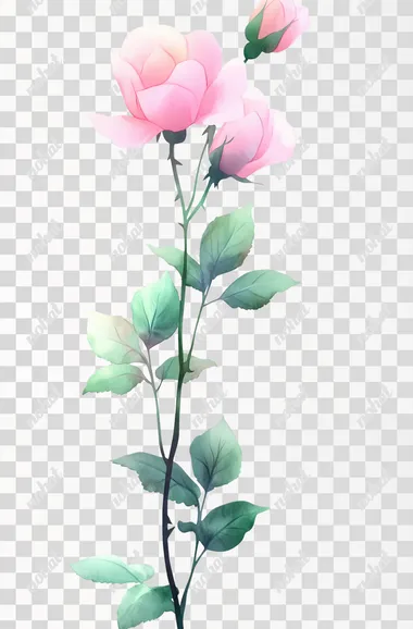 Watercolor soft pink roses with green leaves and stem, detailed, vintage colors, on white background, in the style of clipart.