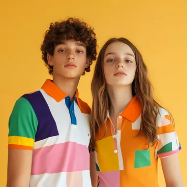 two teenagers wearing short-sleeved 4-colours combo printed patterns polo-shirts with ribbed collars, engineering designs,light mango colour background,