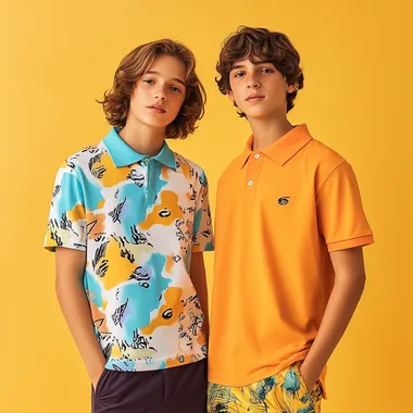 two teenagers wearing short-sleeved 4-colours combo printed patterns polo-shirts with ribbed collars, engineering designs,light mango colour background,