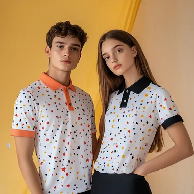 two teenagers wearing short-sleeved 4-colours combo printed patterns polo-shirts with ribbed collars, engineering designs,light mango colour background,